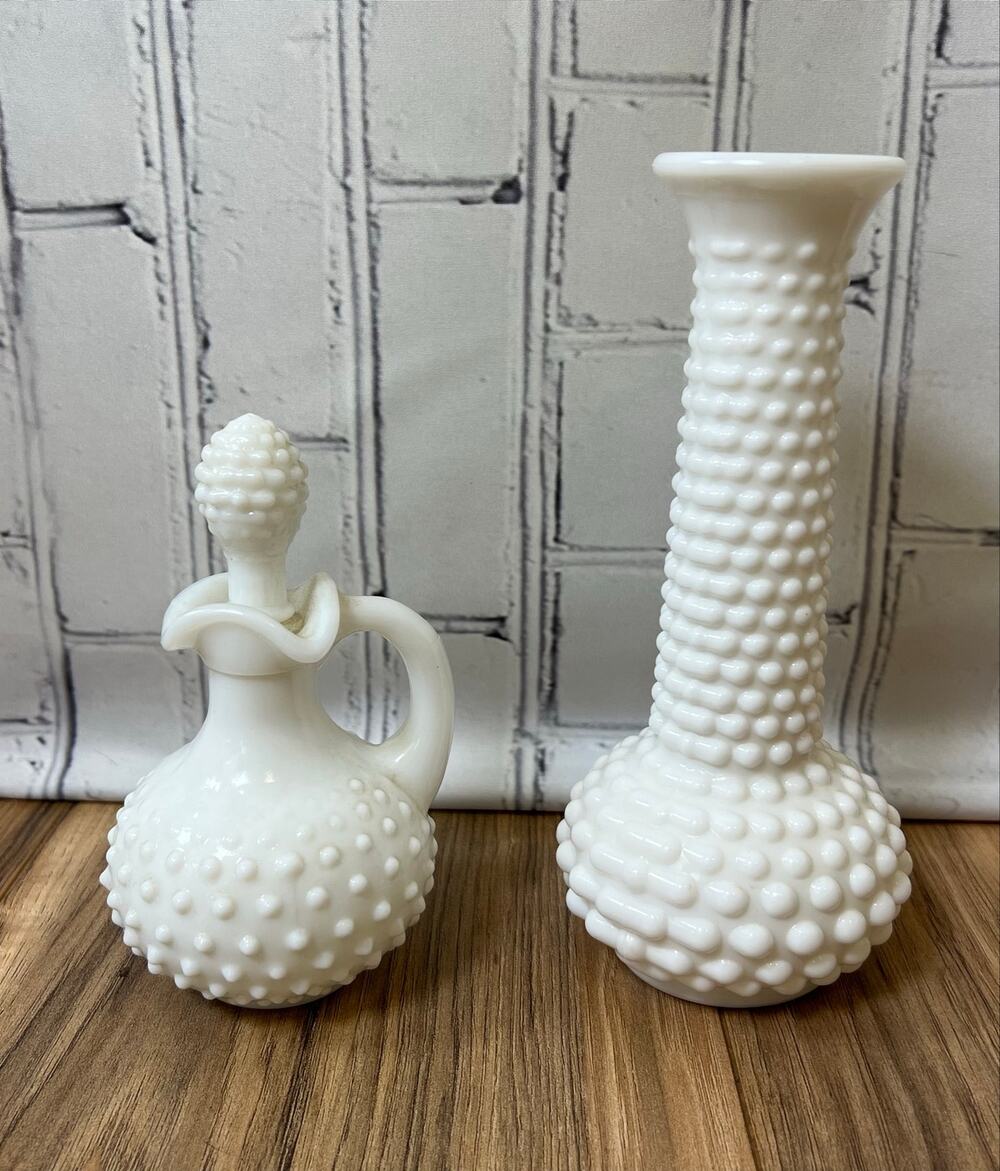 Vintage White Milk Glass Hobnail Pair E.O. Brody Bud Vase & Avon Cruet w Stopper